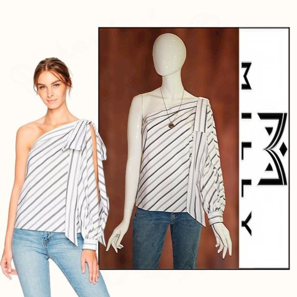 MILLY NINA One-Shoulder Bow Stripe Cotton Poplin Top 8 NWT